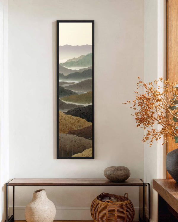 Vertical canvas wall art in interior setting.