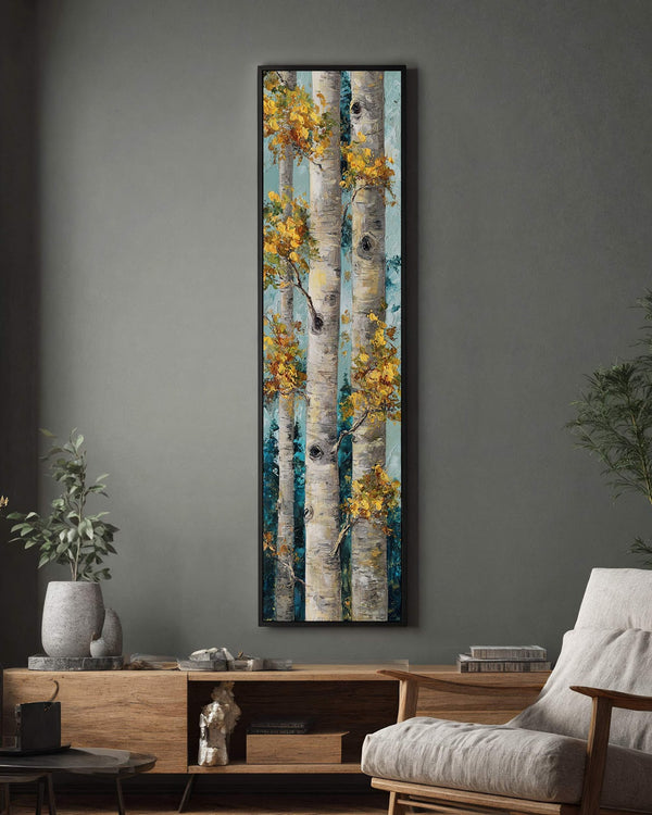 Vertical canvas wall art in interior setting.