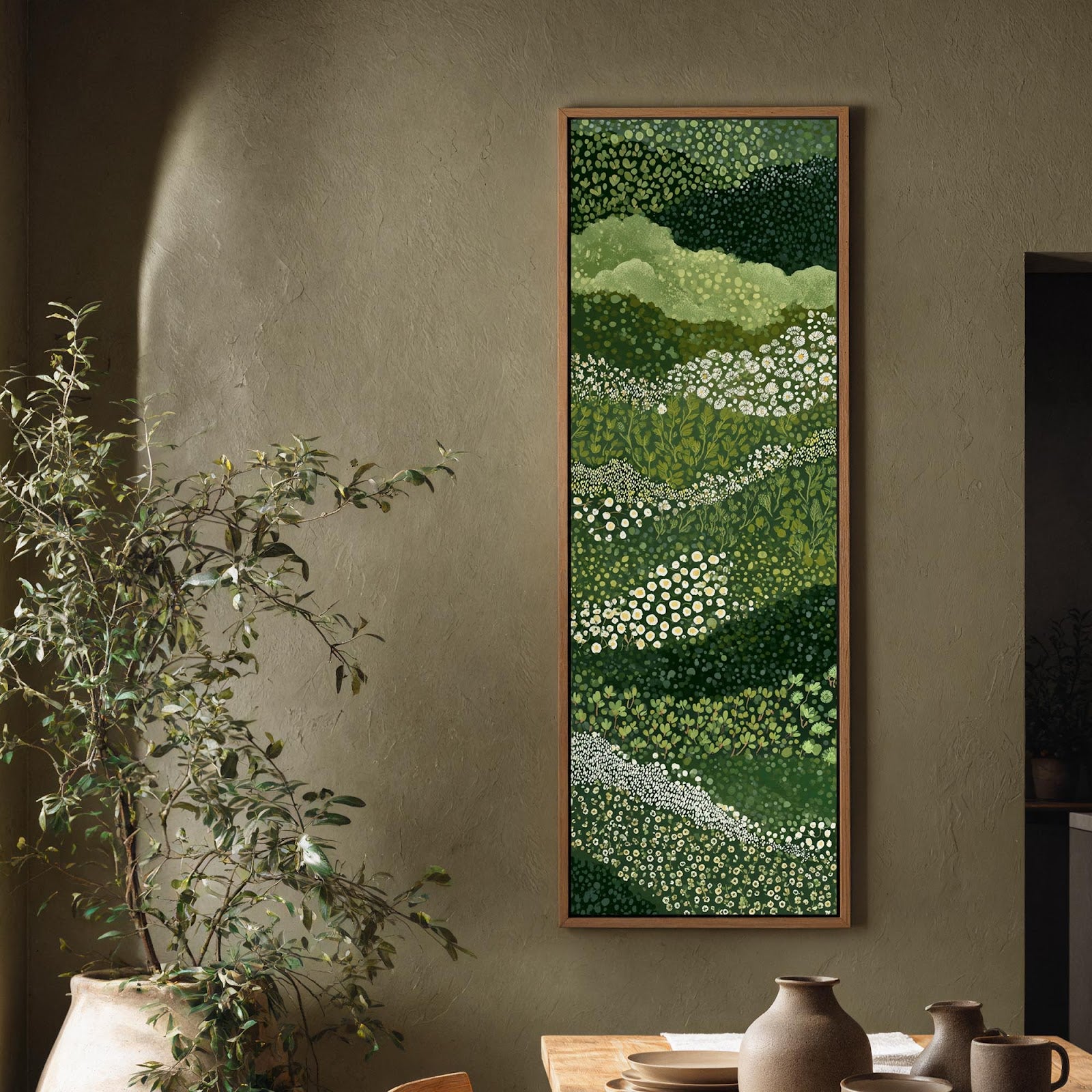 Vertical canvas wall art in interior setting.