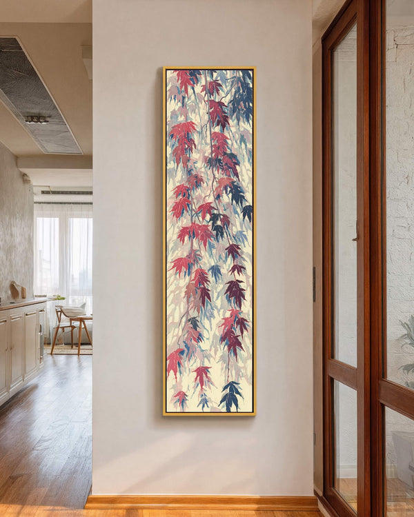 Vertical canvas wall art in interior setting.
