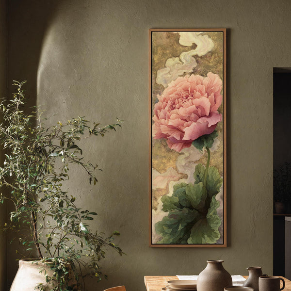 Vertical canvas wall art in interior setting.