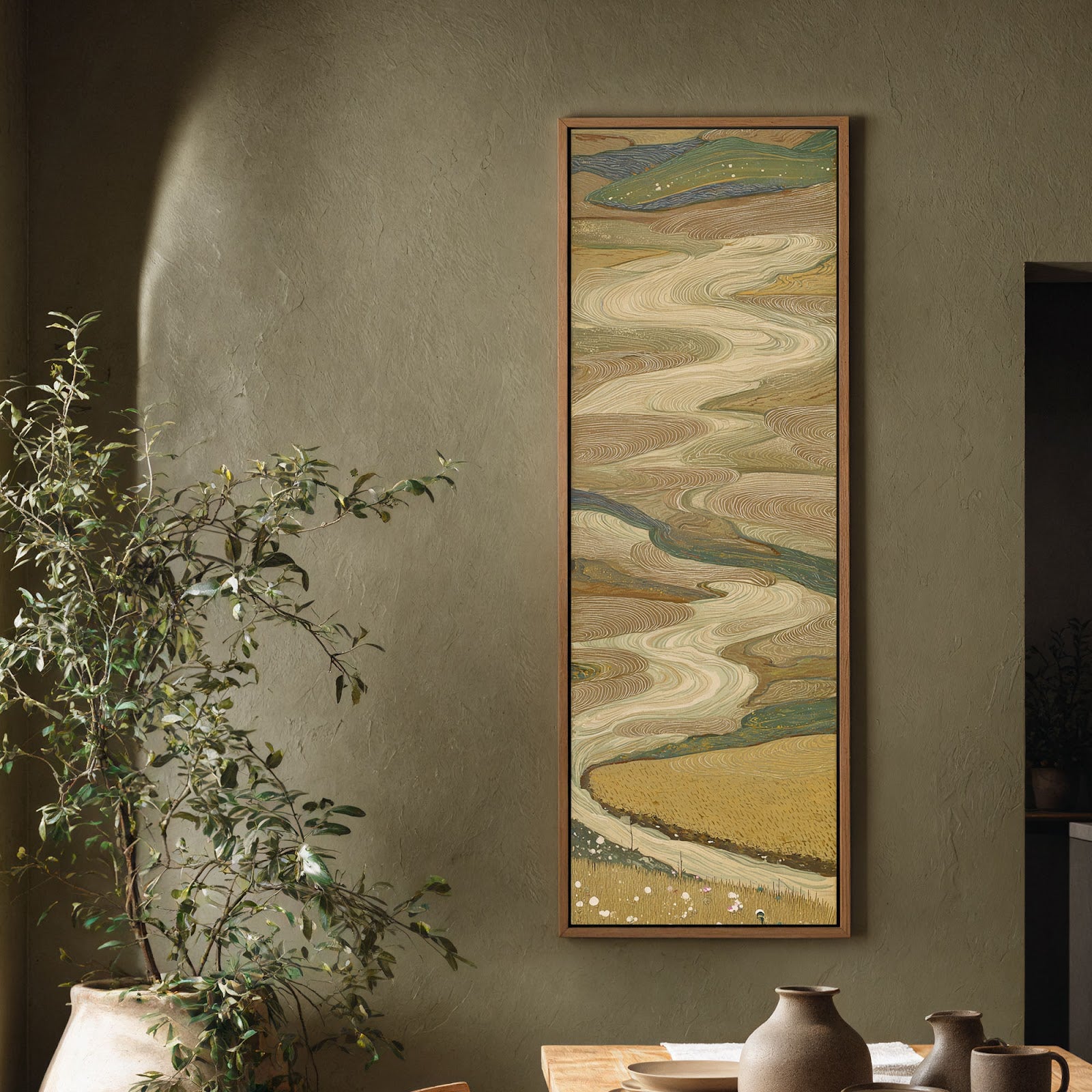 Vertical canvas wall art in interior setting.