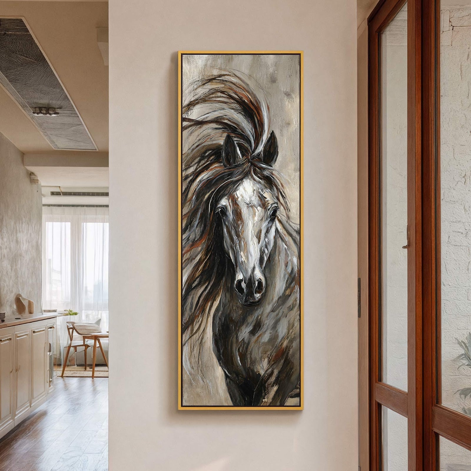 This vertical canvas print depicts a dynamic horse with a flowing mane, rendered in a palette of grays, browns, and whites with an impressionistic style. It is displayed in a.