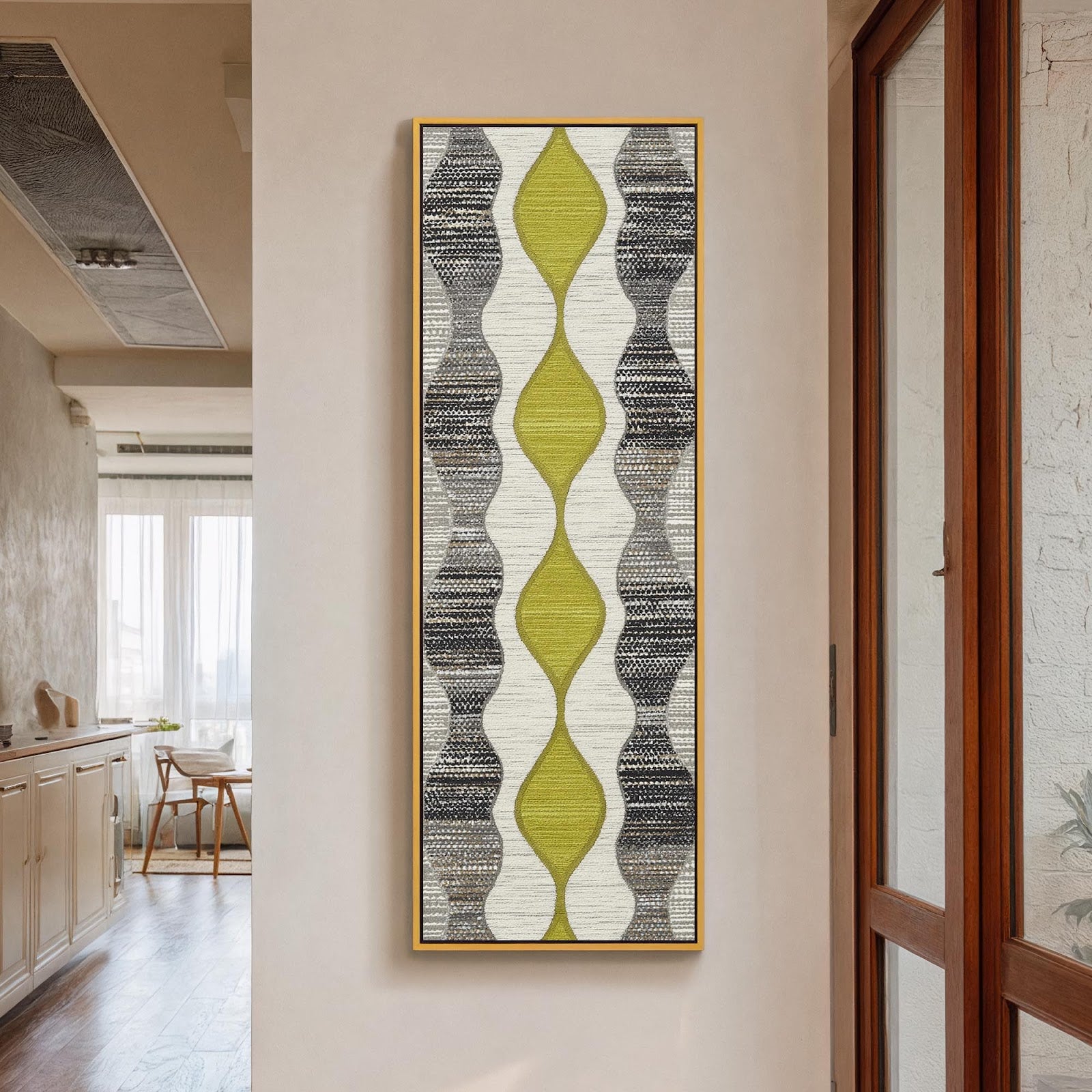 Vertical canvas wall art in interior setting.