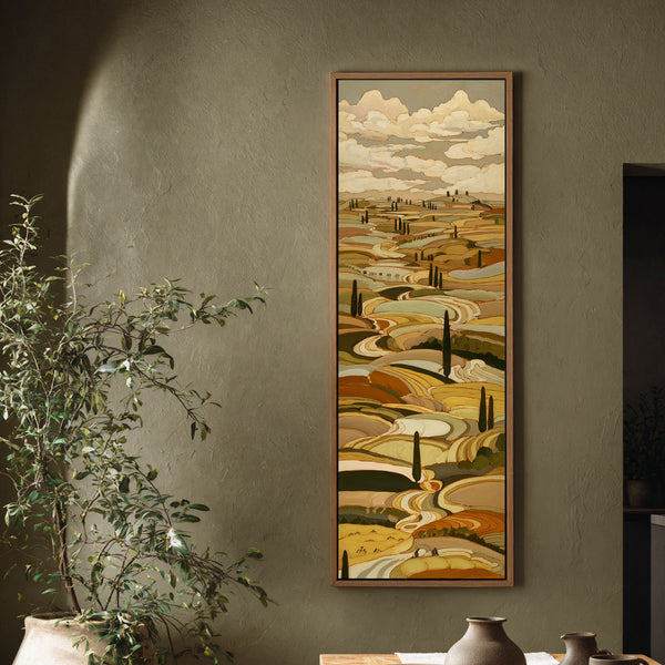Vertical canvas wall art in interior setting.