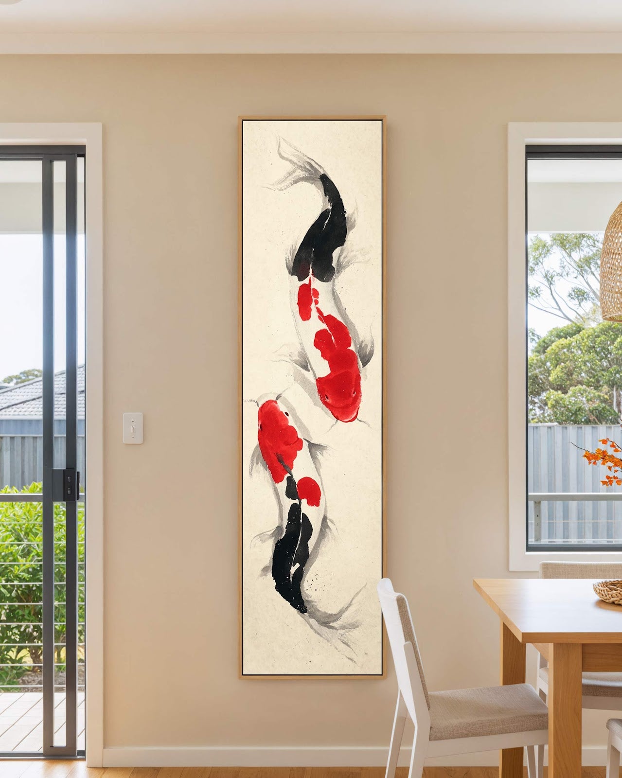 Vertical canvas wall art in interior setting.