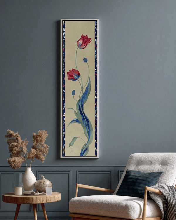 Vertical canvas wall art in interior setting.