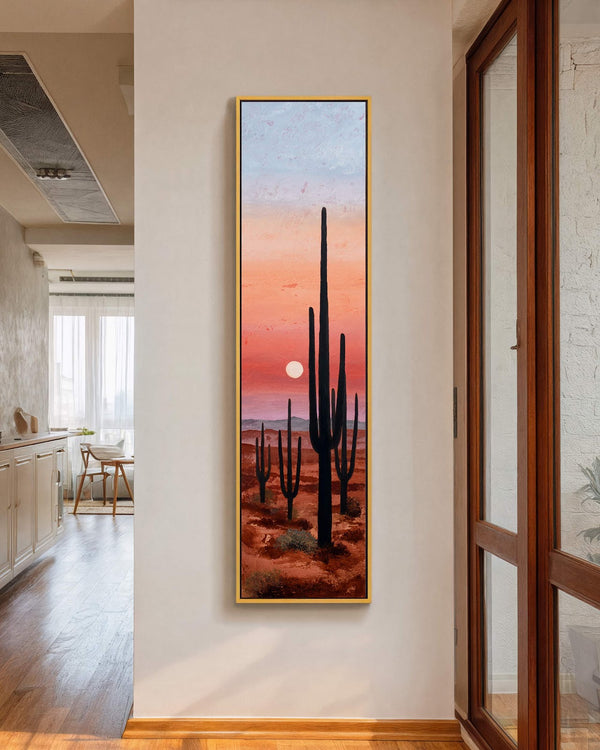 Vertical canvas wall art in interior setting.