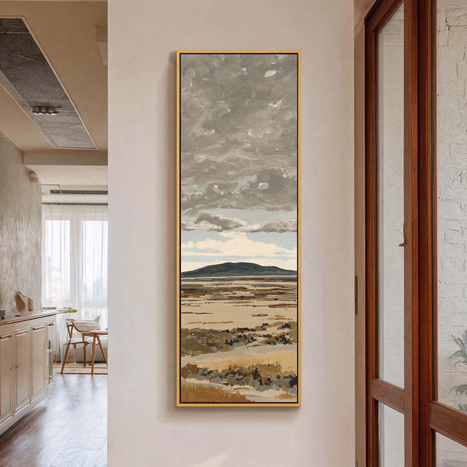 Vertical canvas wall art in interior setting.