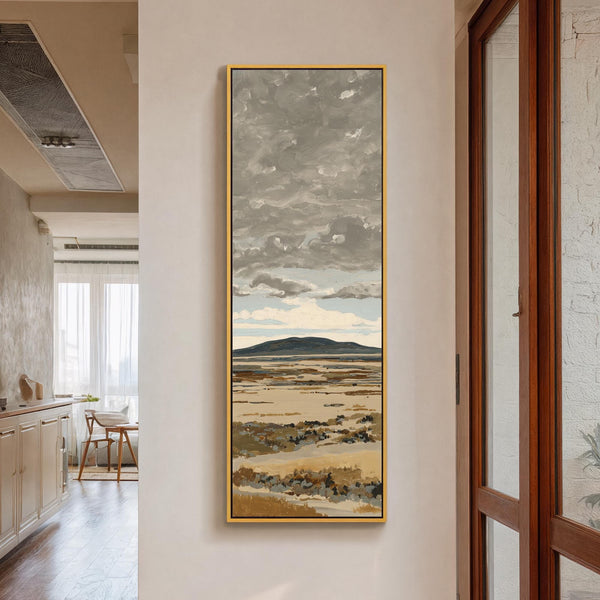 Vertical canvas wall art in interior setting.