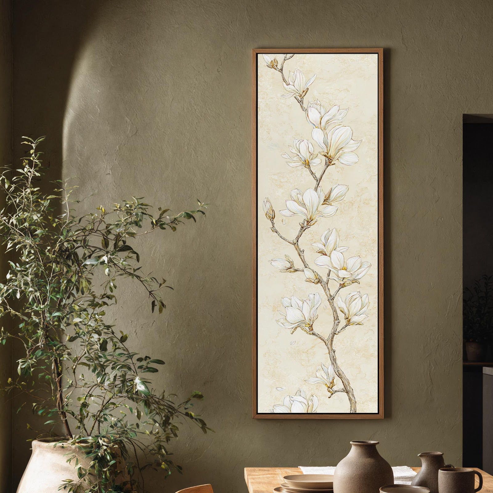 Vertical canvas wall art in interior setting.