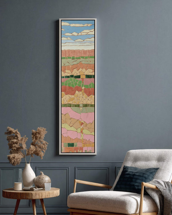 Vertical canvas wall art in interior setting.