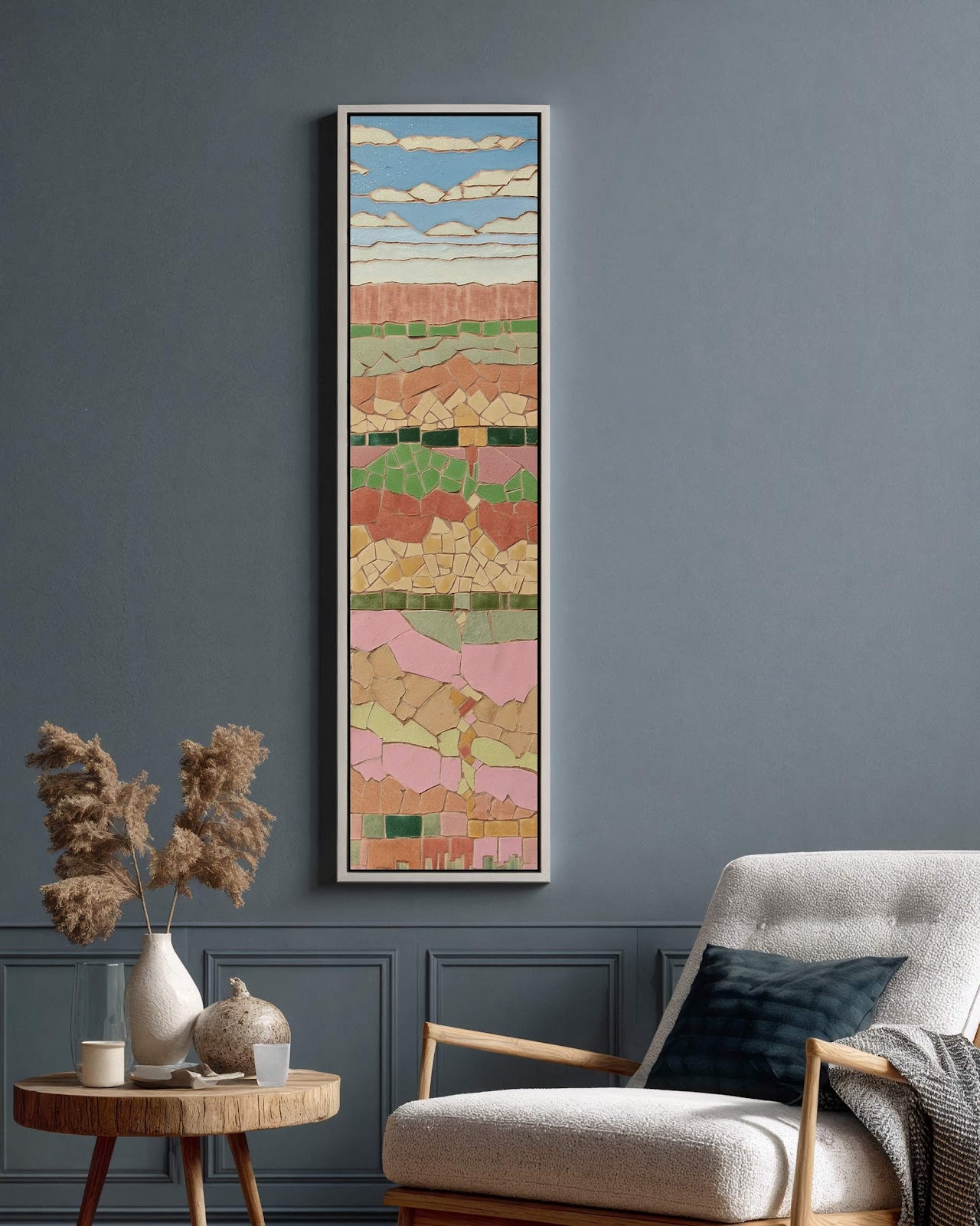 Vertical canvas wall art in interior setting.