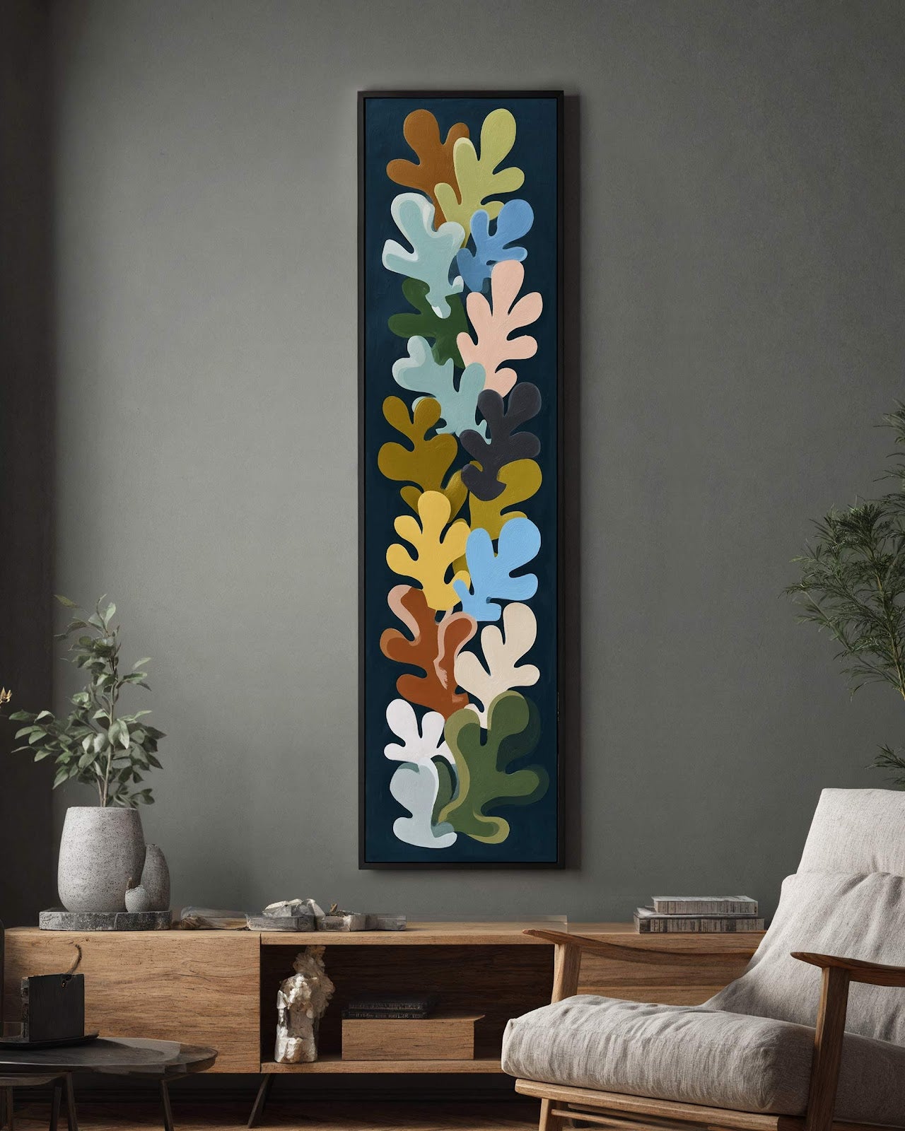Vertical canvas wall art in interior setting.