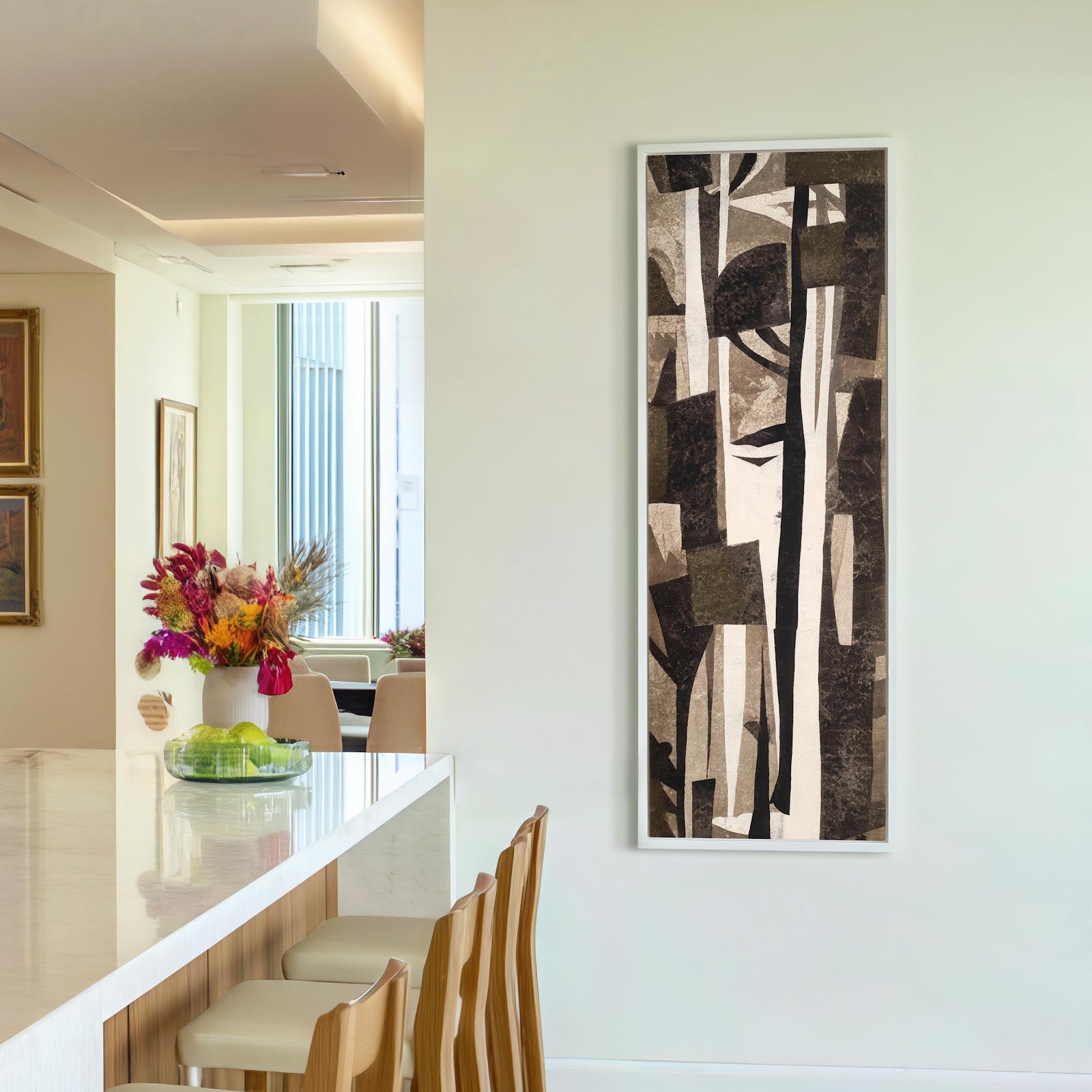 Vertical canvas wall art in interior setting.