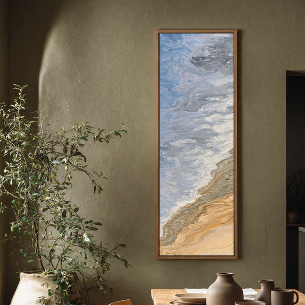 Vertical canvas wall art in interior setting.
