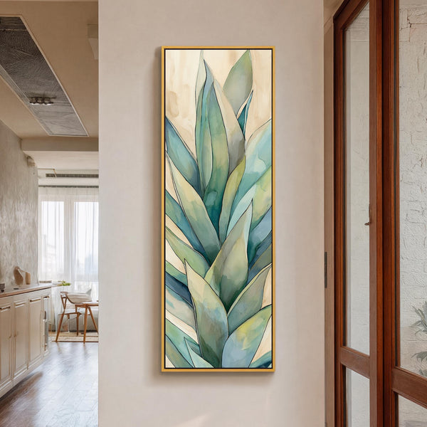 Vertical canvas wall art in interior setting.