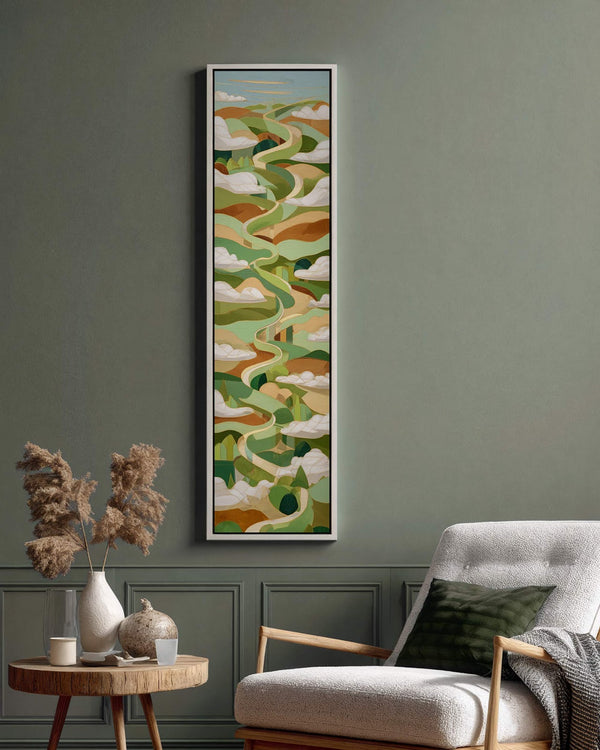 Vertical canvas wall art in interior setting.