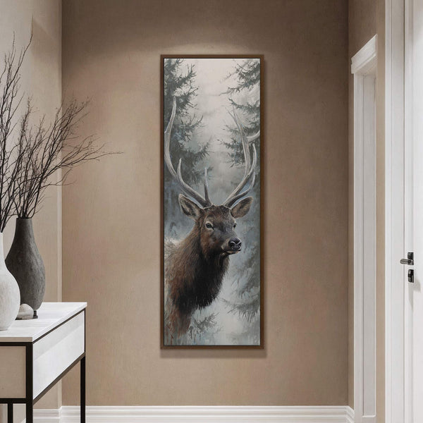 This vertical canvas wall art features a detailed painting of a deer in a forest, with a muted color palette and a textured style. It is displayed on a light.