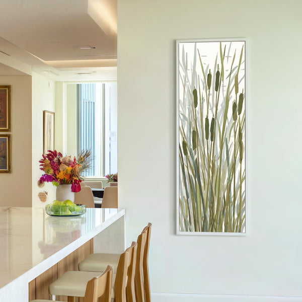 Vertical canvas wall art in interior setting.