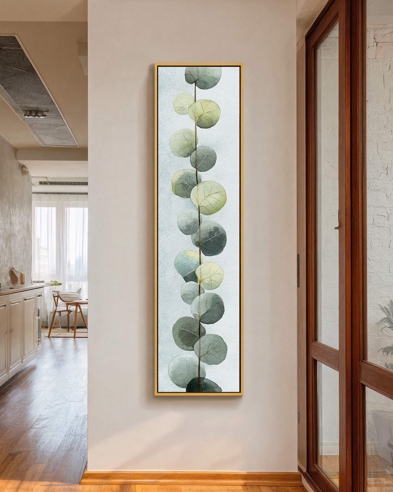 Vertical canvas wall art in interior setting.