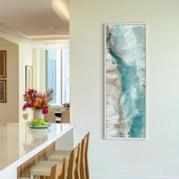 Vertical canvas wall art in interior setting.