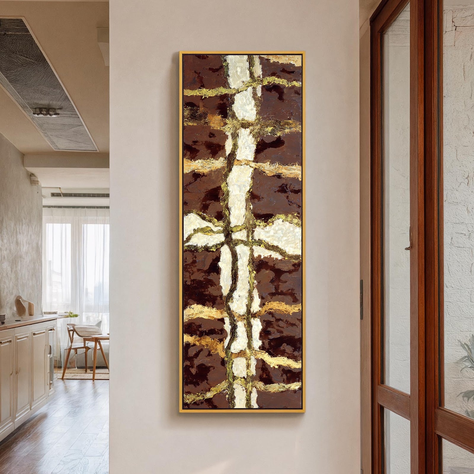 Vertical canvas wall art in interior setting.