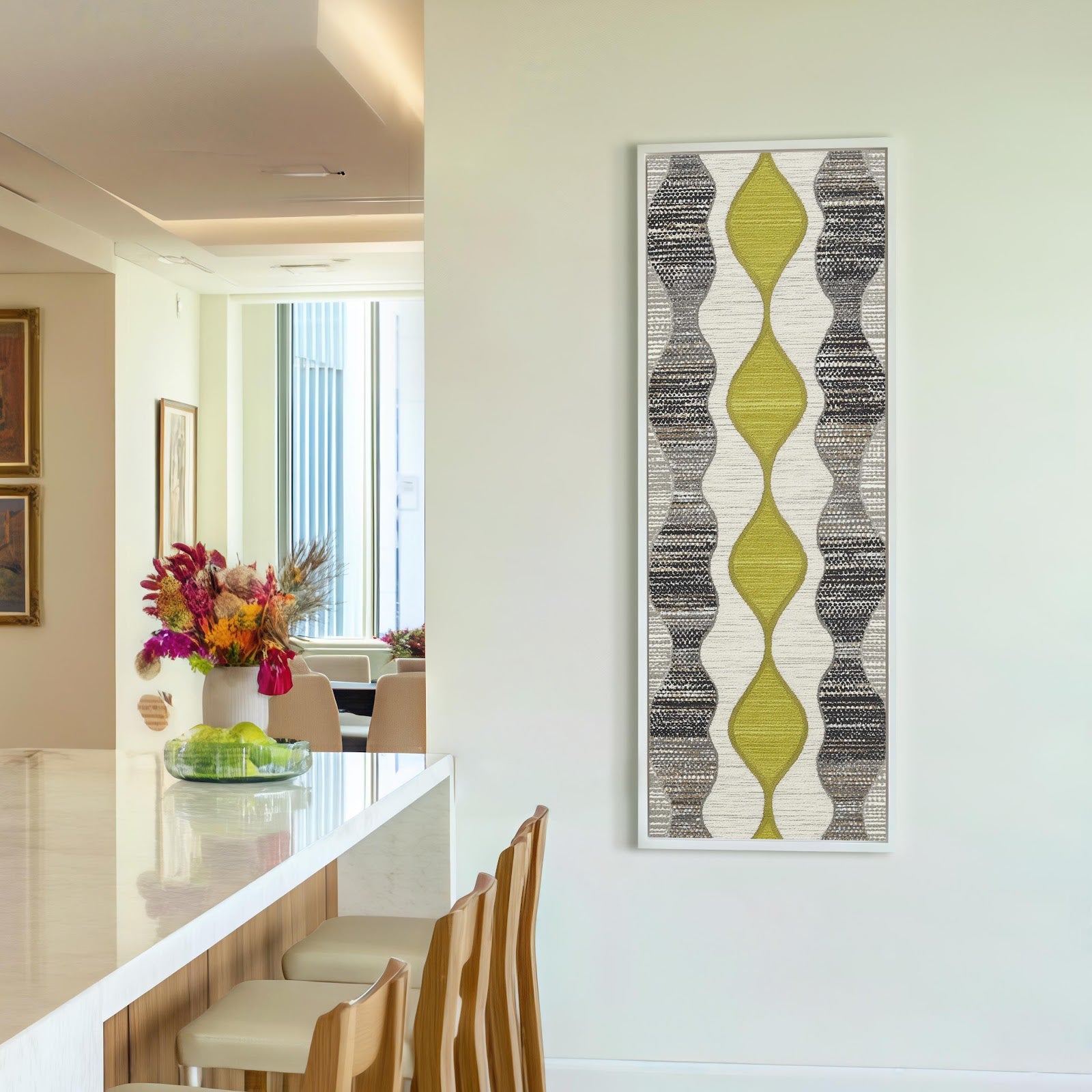 Vertical canvas wall art in interior setting.