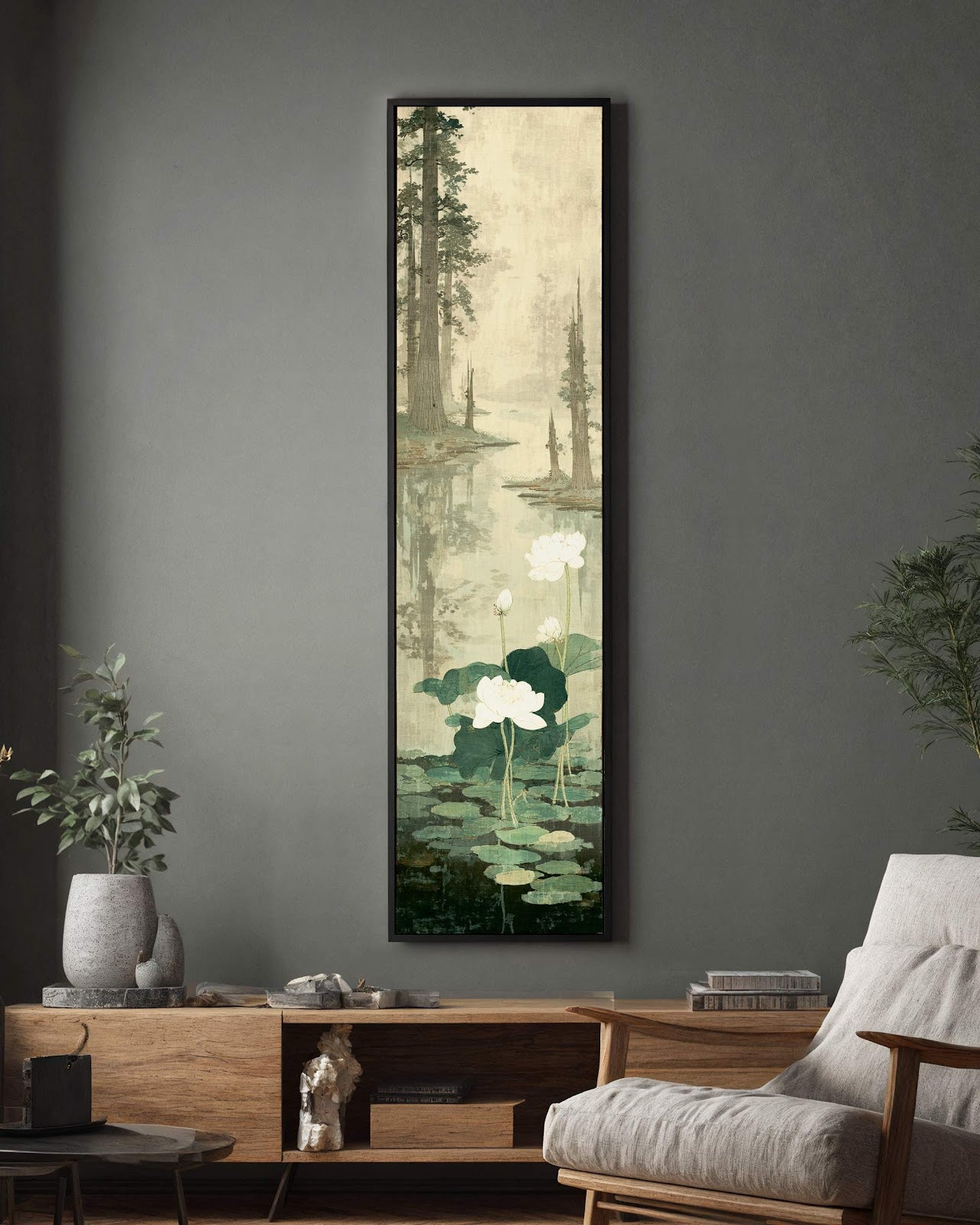 Vertical canvas wall art in interior setting.