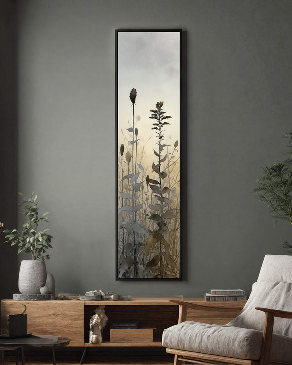 Vertical canvas wall art in interior setting.