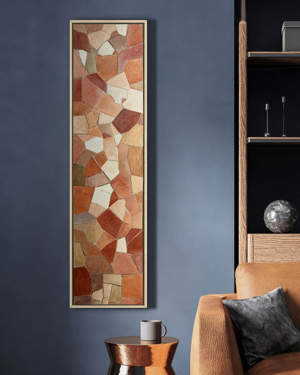 Vertical canvas wall art in interior setting.