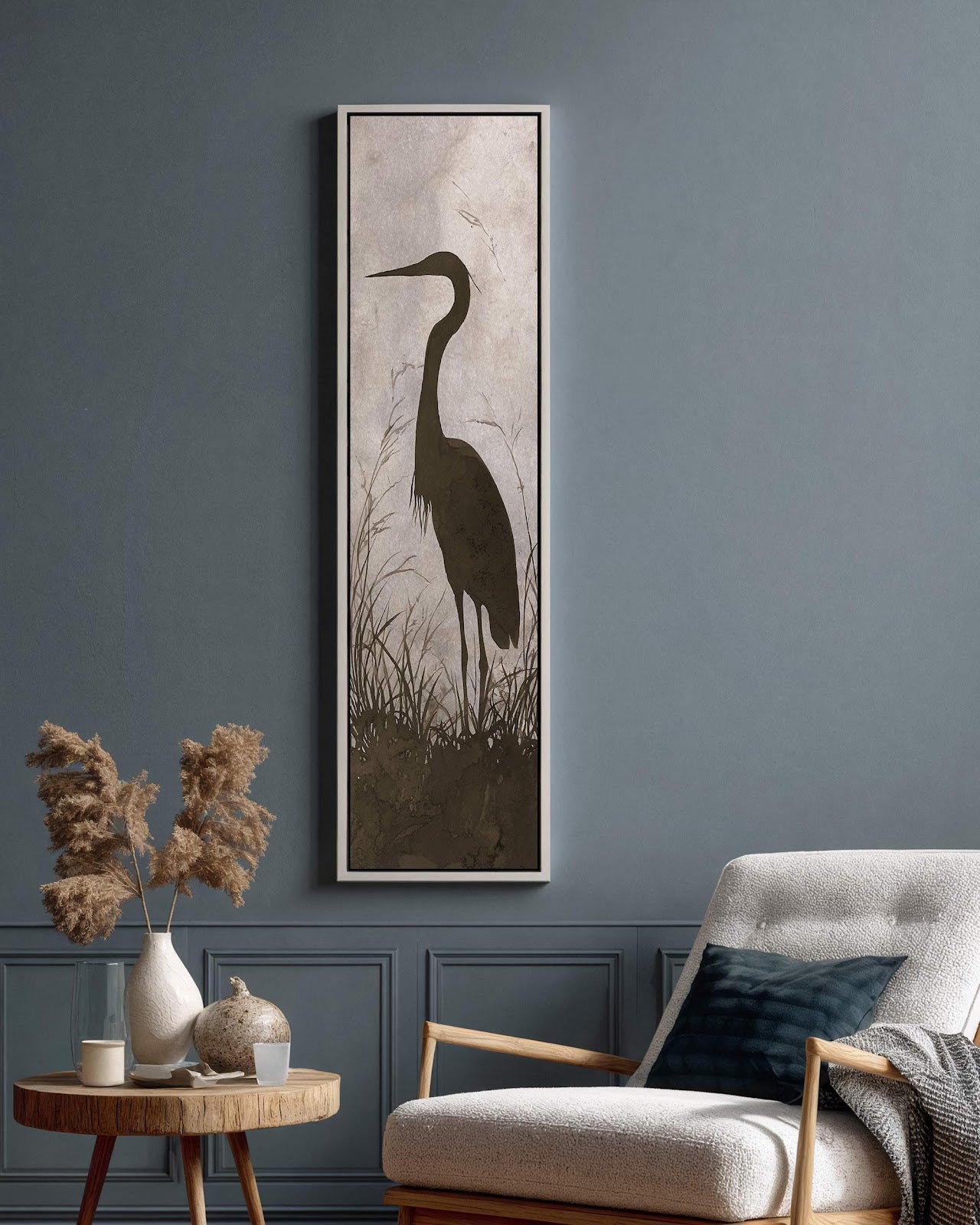 Vertical canvas wall art in interior setting.