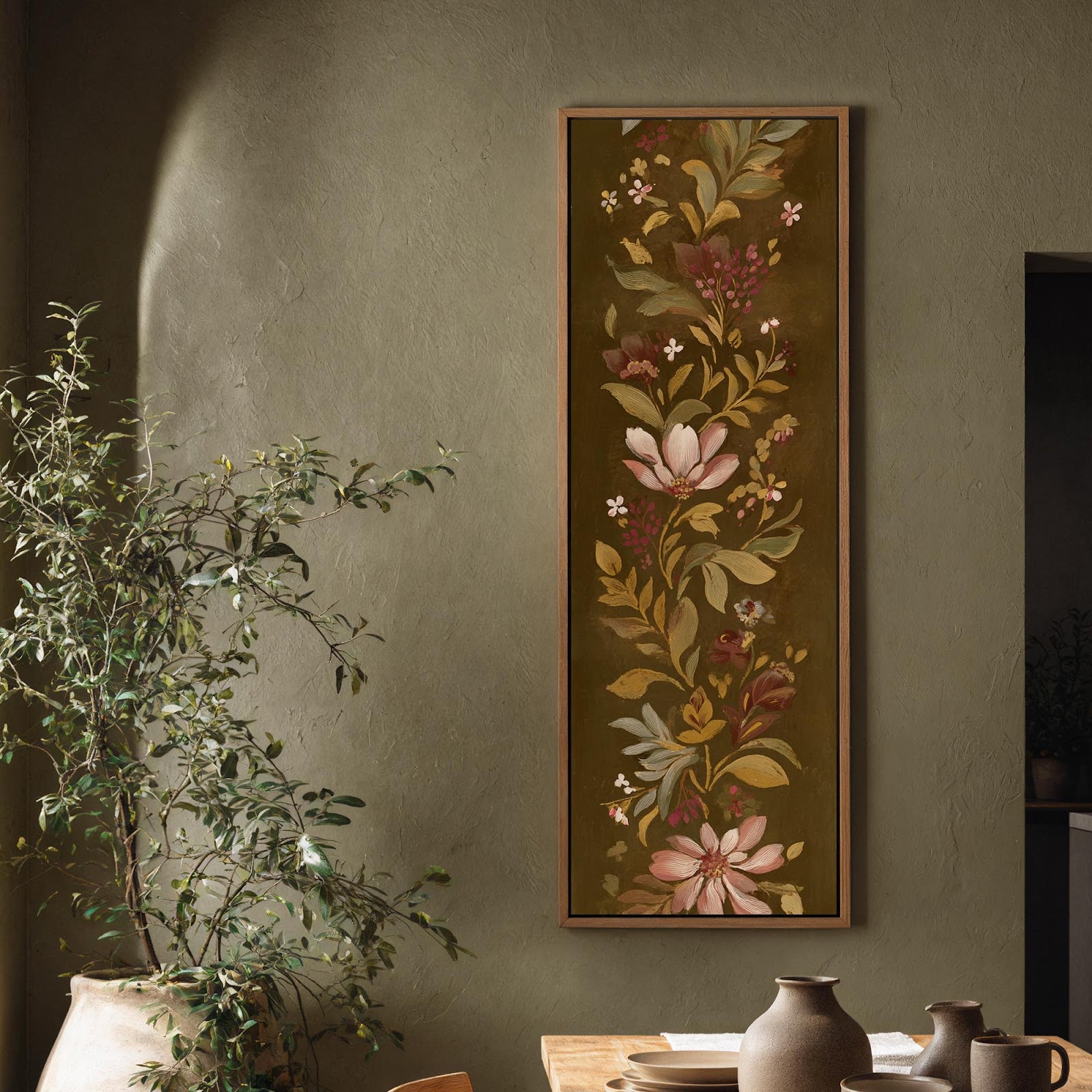 Vertical canvas wall art in interior setting.