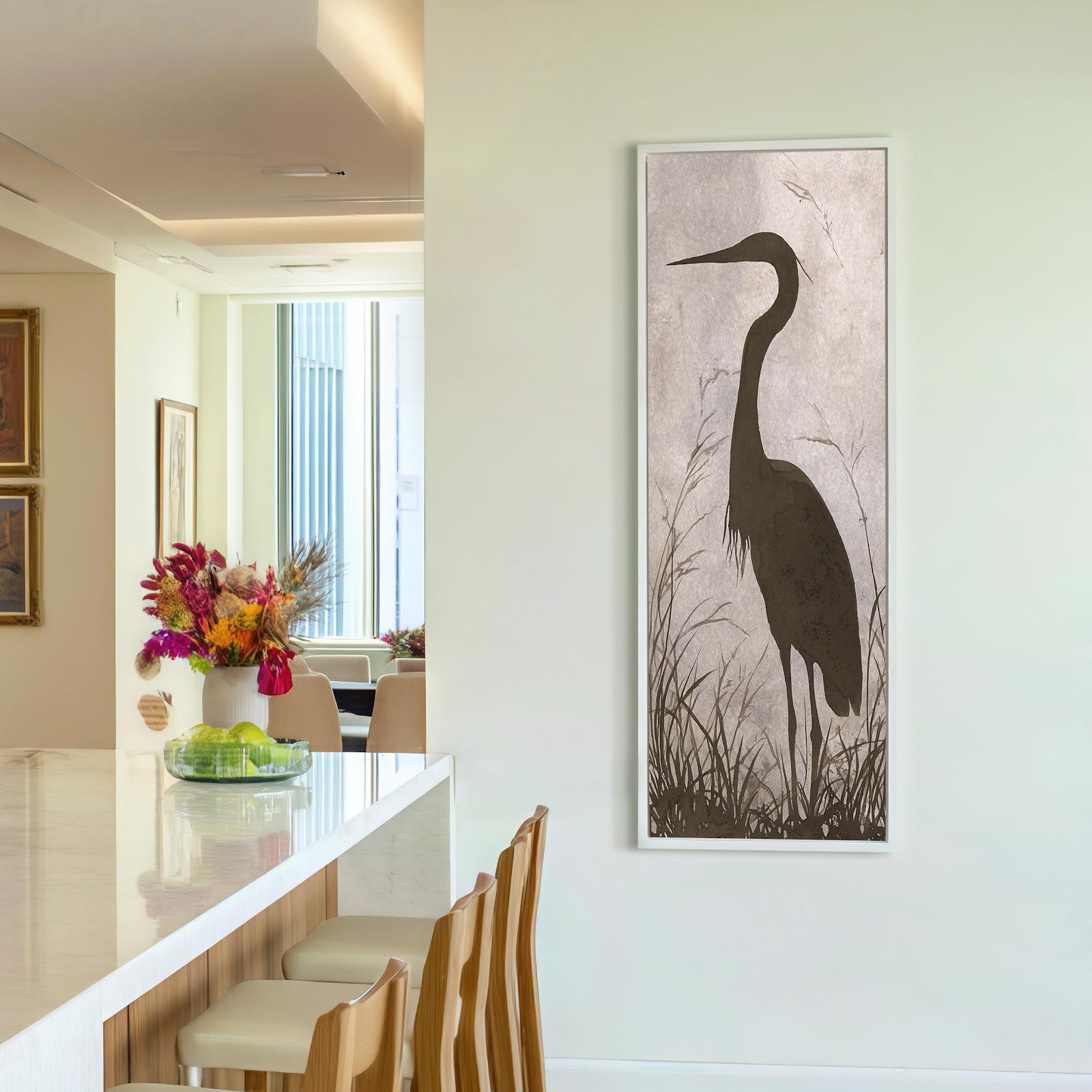Vertical canvas wall art in interior setting.