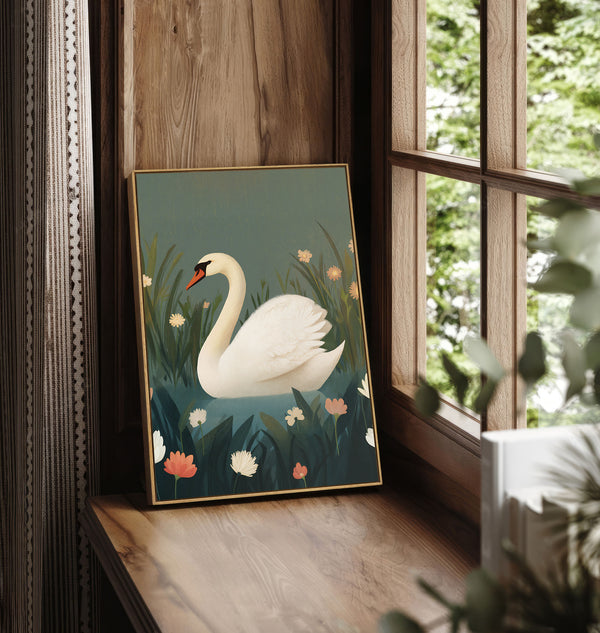 Pecan framed botanical art print featuring a serene white swan floating in teal-green water surrounded by pink and white wildflowers and tall grasses, leaning on a warm wooden window sill