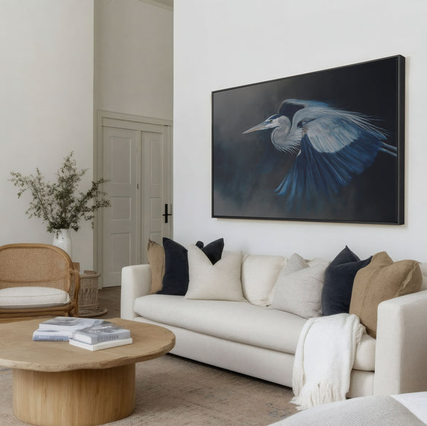 Tableau sur toile représentant un grand héron bleu