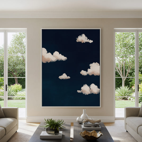 Navy blue canvas wall art featuring five white and cream colored clouds floating against a dark blue background, creating a serene minimalist sky scene