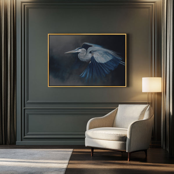 Tableau sur toile représentant un grand héron bleu