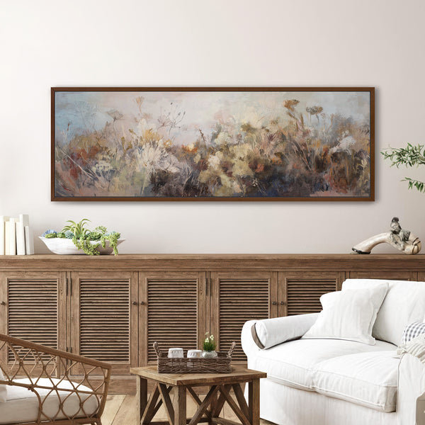 Living room with a large abstract painting on the wall, white sofa, and wooden furniture.