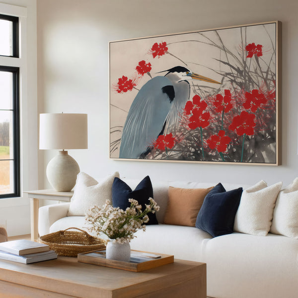 Blue Heron with Crimson Blossoms Canvas Art