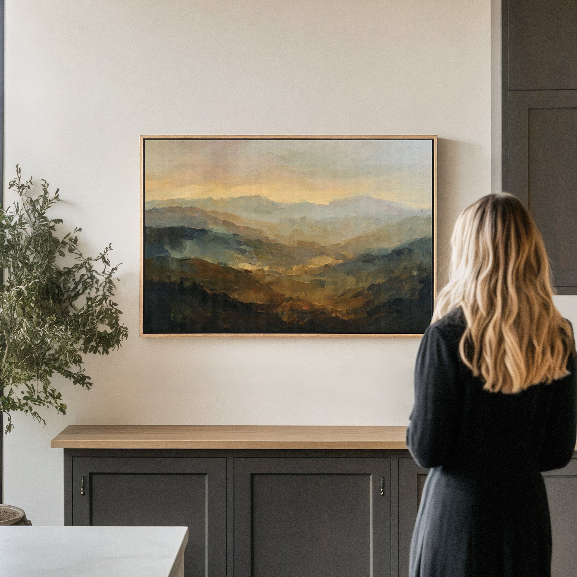 Mountain Range abstract landscape wall art in neutral earth tones, framed canvas print featuring layered mountains at sunset, modern rustic home decor for living room, bedroom, or office