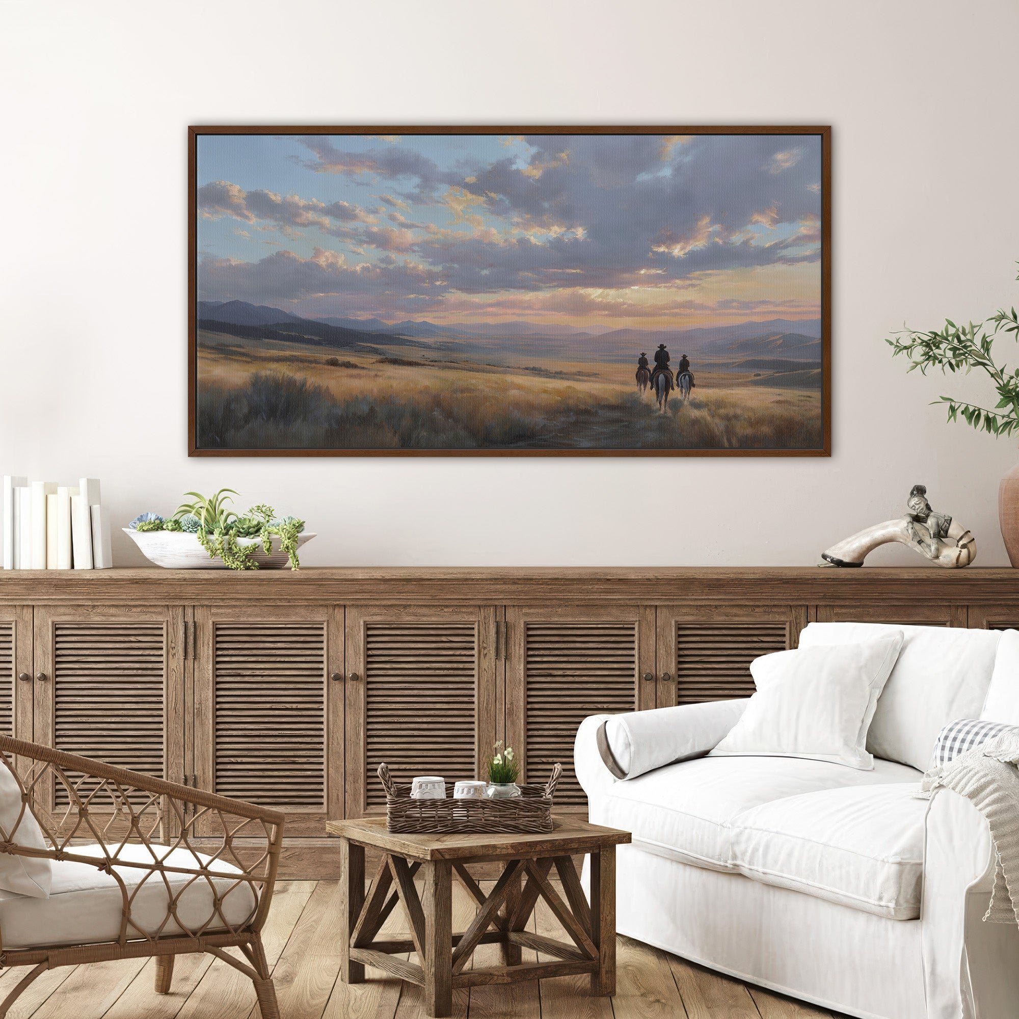 Cowboys in Western Sunset Landscape Wall Art