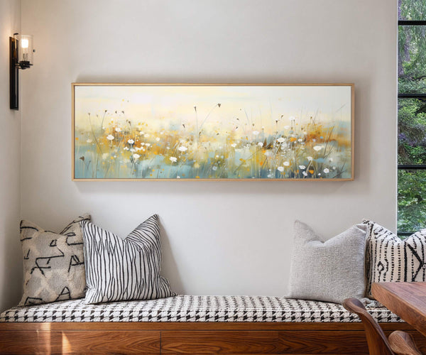 Morning Meadow framed floral canvas wall art displayed above a modern bench with patterned cushions in a bright contemporary interior