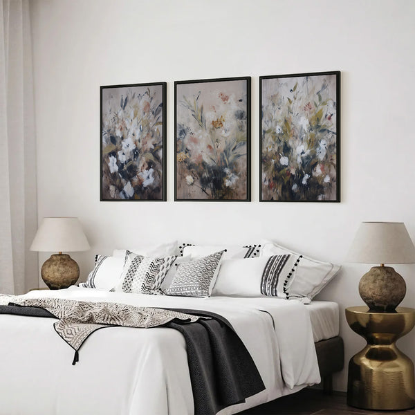 Triptych Floral Moody Framed Canvas Art