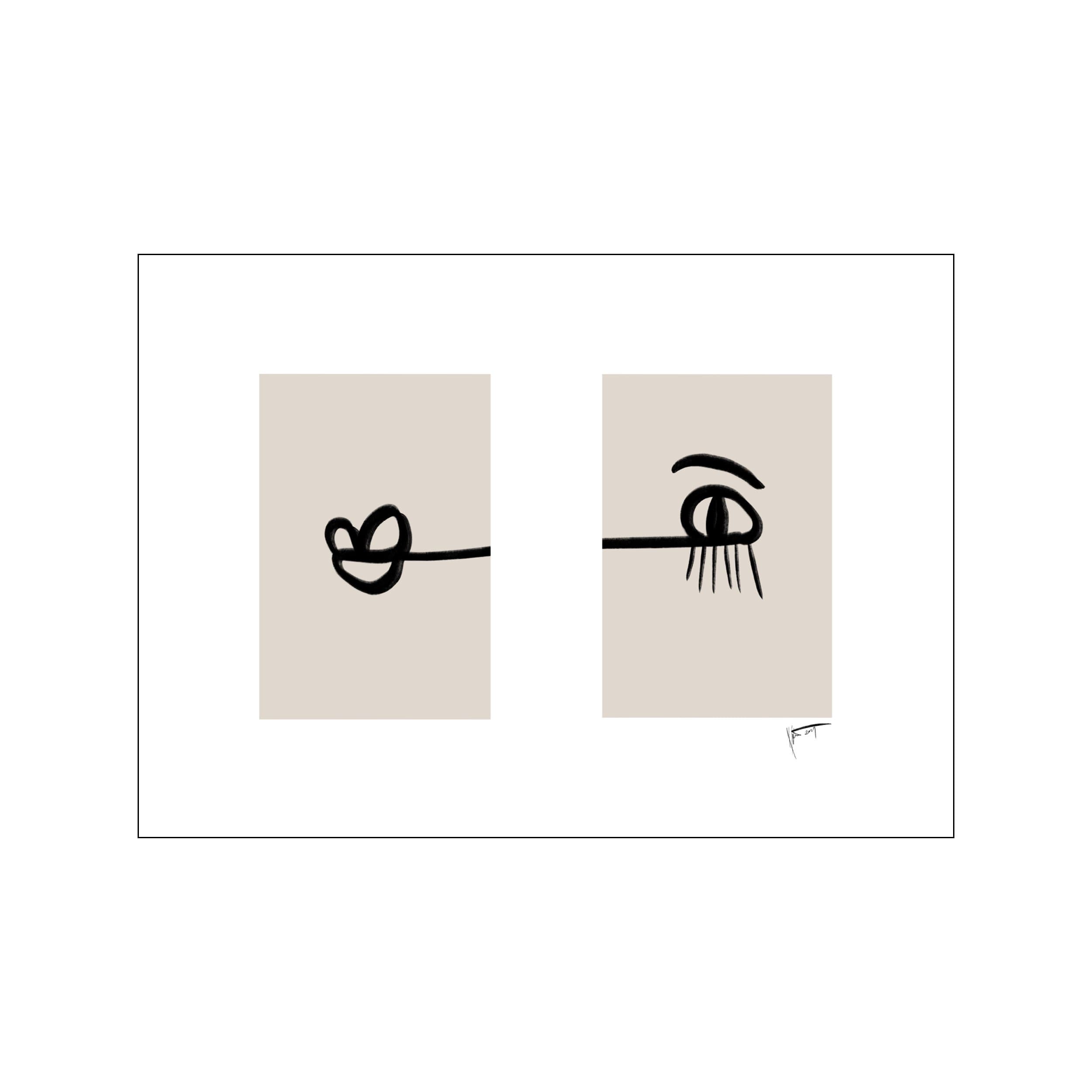 Minimal abstract line drawing with two beige panels and bold black loops