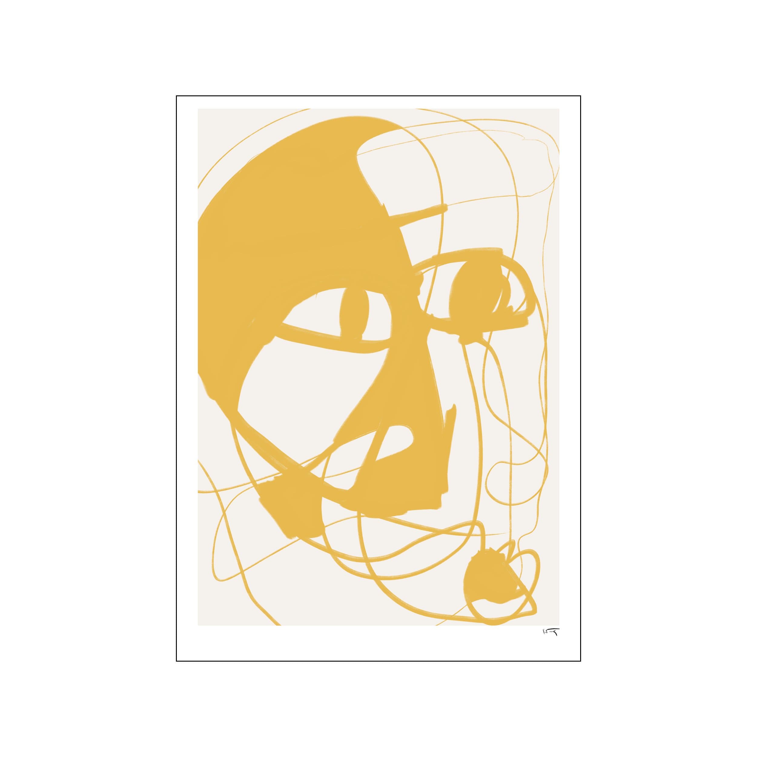 Abstract mustard yellow line portrait with loose continuous curves on a warm white background