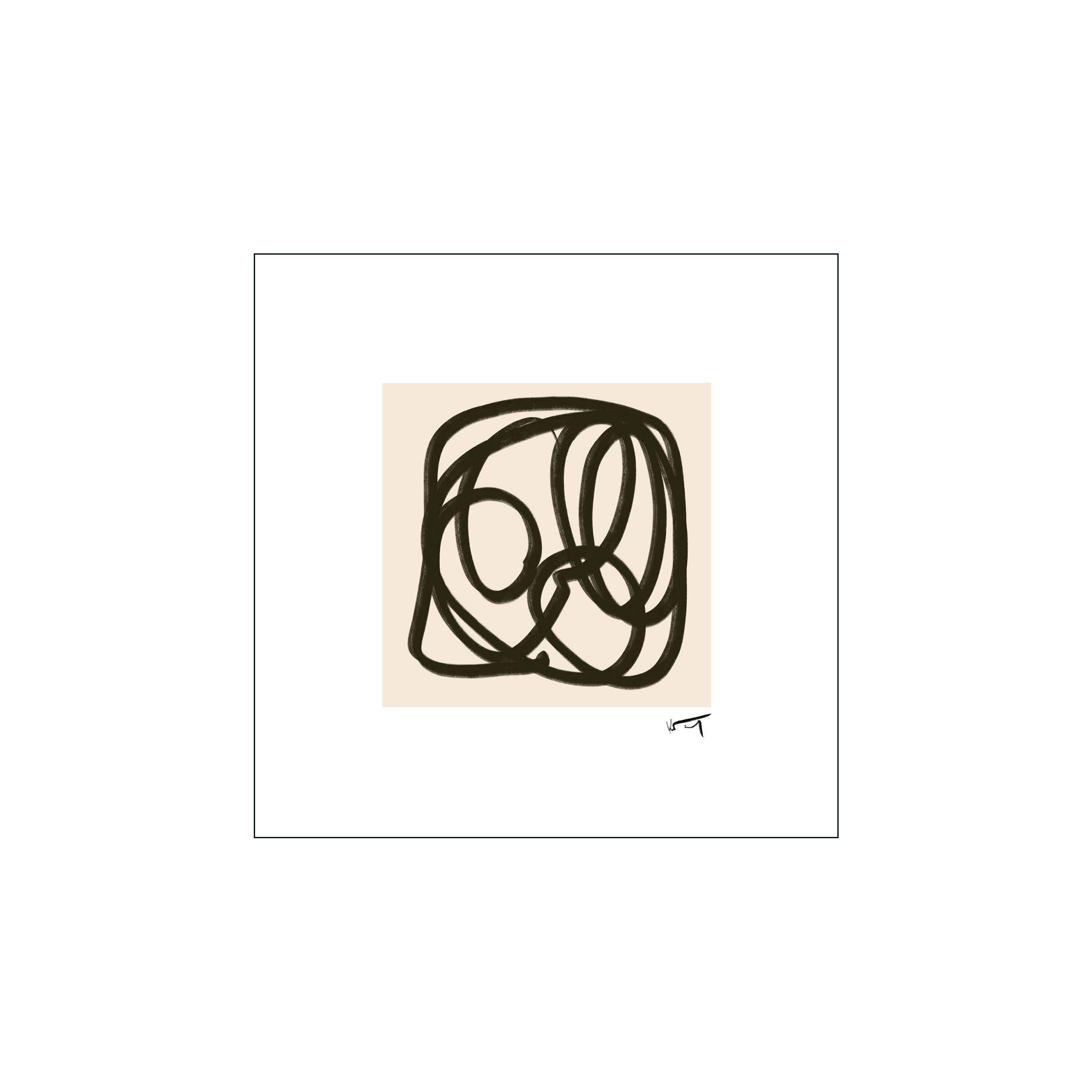Abstract black looping line drawing centered on a soft beige square with white margins