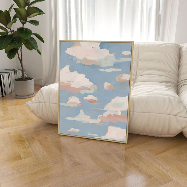 Abstract pastel cloud painting featuring soft pink, peach, sage green and cream clouds floating across a powder blue sky background, perfect for nursery or bedroom wall decor