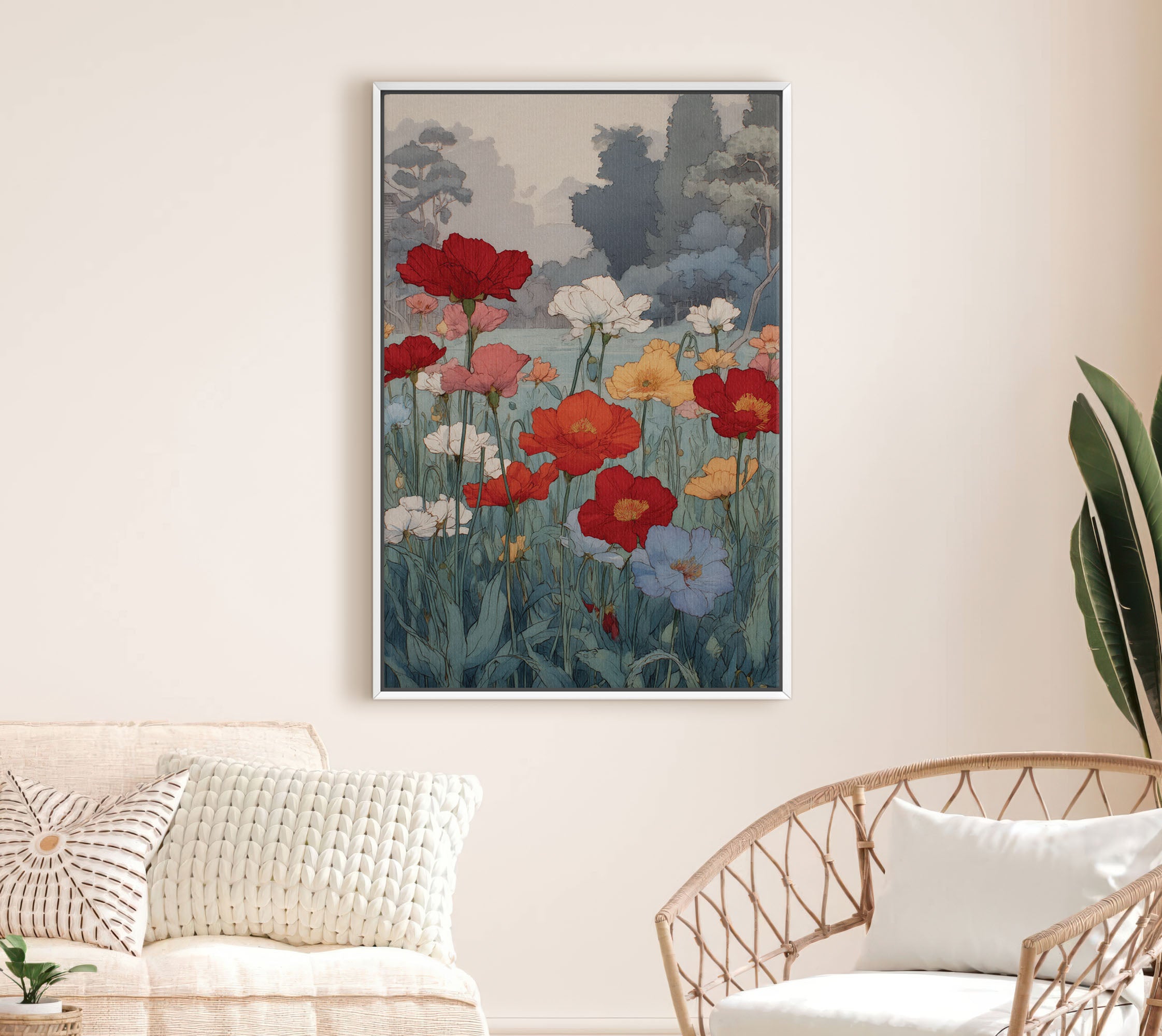 Vintage Poppy Garden Canvas - Japanese Botanical Art