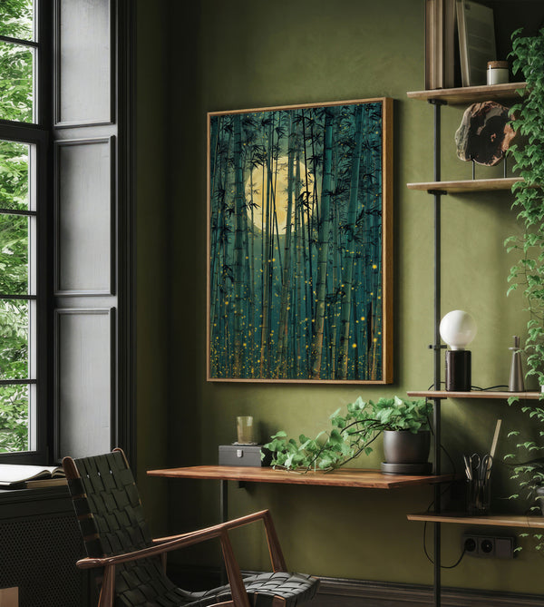 Pecan framed digital art print of a serene bamboo forest at night with a large glowing full moon and scattered golden fireflies, hung on an olive green wall